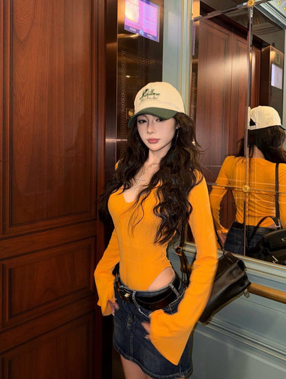 NA+ 性感歐美彈力拉鍊式連體衣 橙色