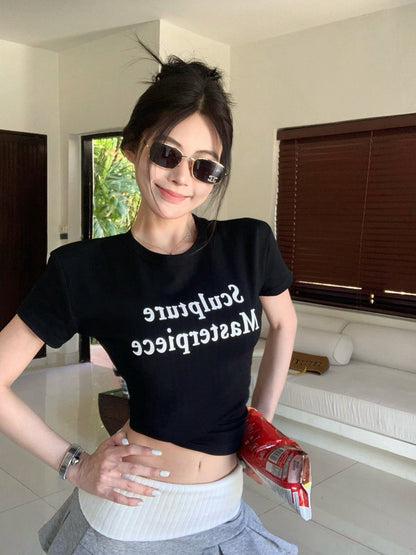 NA+ 辣妹正肩顯瘦圓領撞色字母上衣 灰/黑