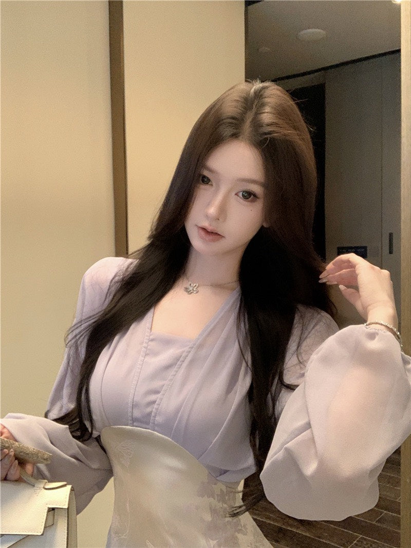 NA+ 古典系美人復古緞面印花拼接連身裙 紫