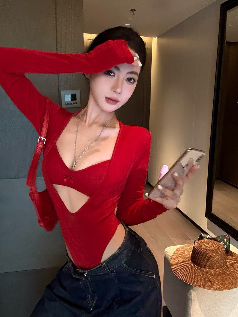 NA+ 跟上風潮內衣外穿2件式蕾絲連體衣 紅/黑