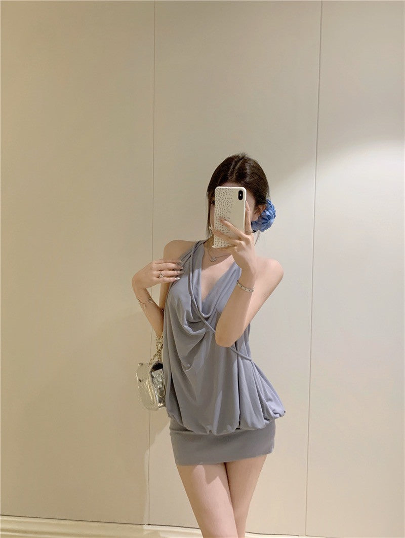 Na+ 氣質無菜單 蘯領露背顯瘦連身裙 藍