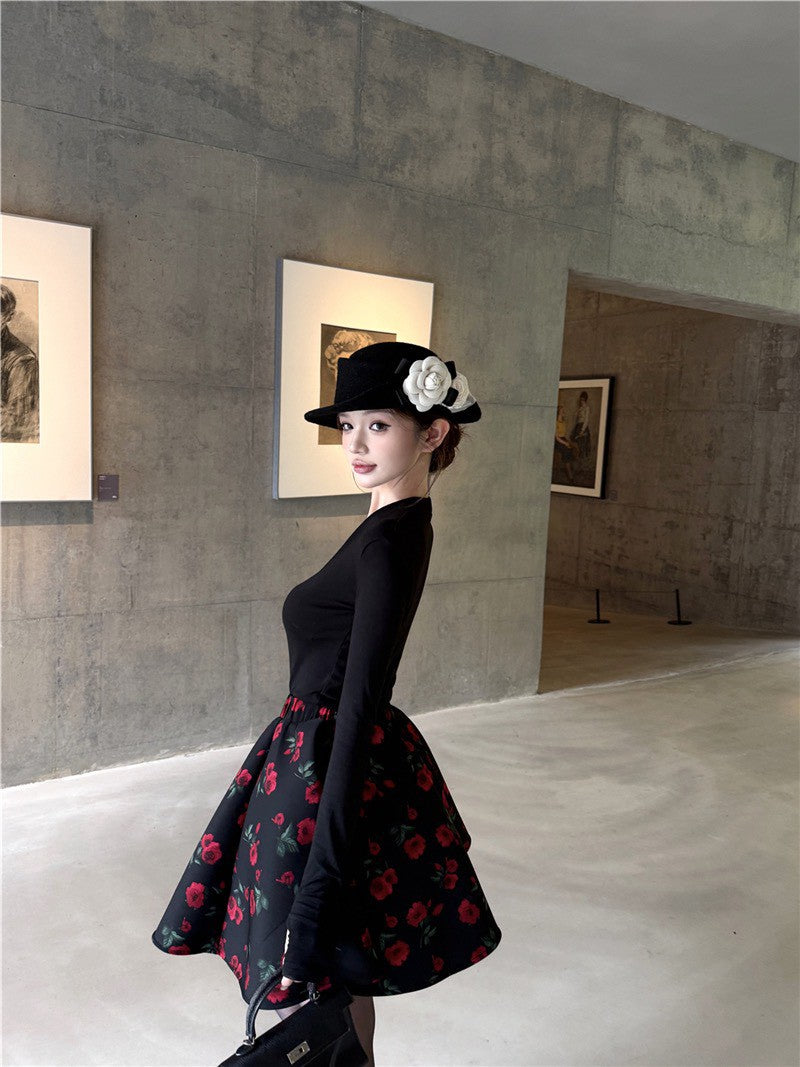 NA+ sweet 甜巧玫瑰復古V領修身上衣 玫瑰花瓣半身裙