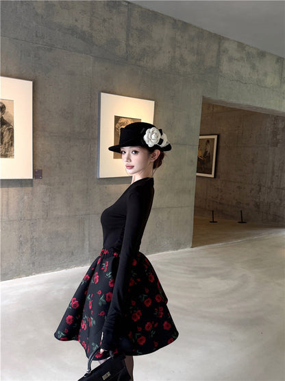 NA+ sweet 甜巧玫瑰復古V領修身上衣 玫瑰花瓣半身裙