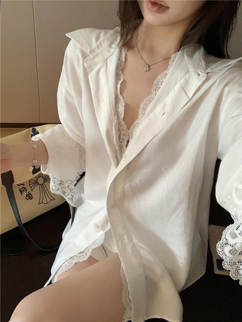 NA+ 純色蕾絲百搭夾兩件拼接襯衫