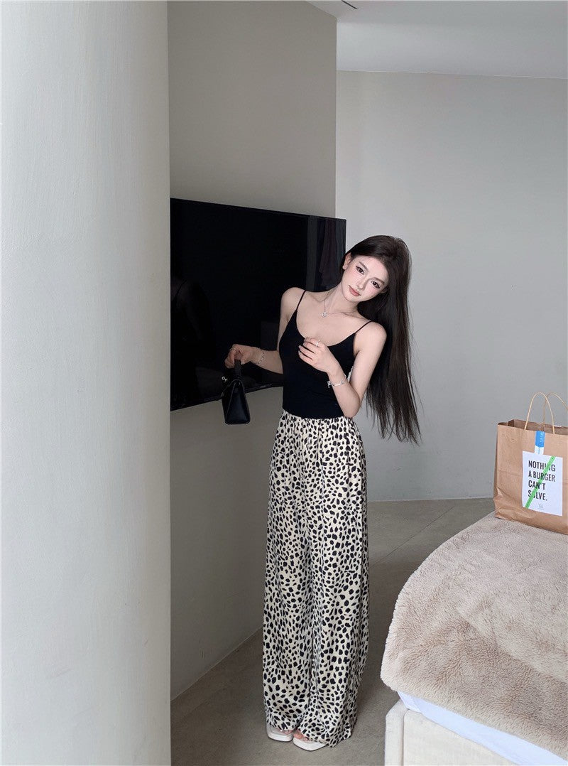Na+ 居家休閒復古豹紋彈力喇叭褲