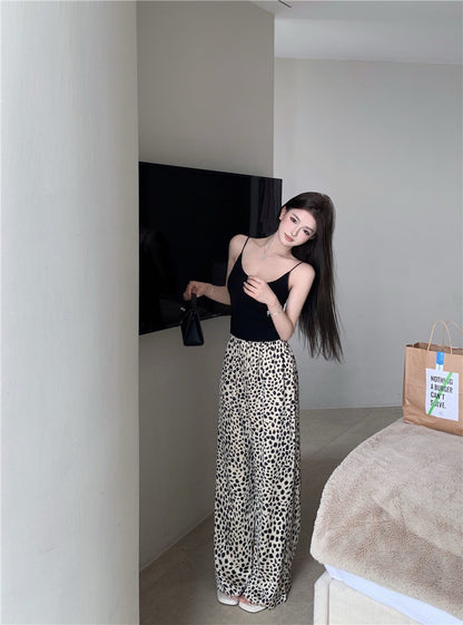 Na+ 居家休閒復古豹紋彈力喇叭褲