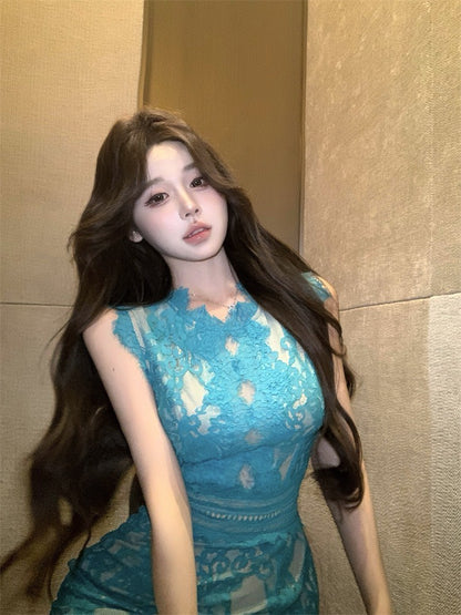 NA+ 竹影漣漪孔雀藍蕾絲包臀連身裙