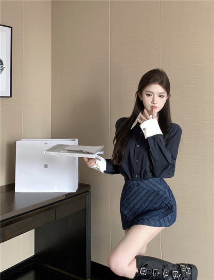 Na+ 職業往來～撞色假兩件式口袋襯衫 藏青