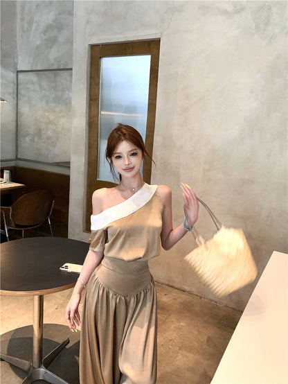 NA+ 乖巧西西里香檳色拼色上衣 高腰闊腿褲