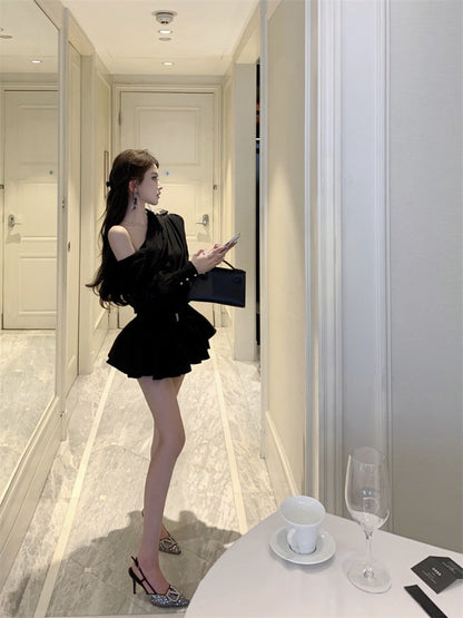 NA+ 法式白月光斜肩半透雪紡褶皺上衣花苞套裝 黑