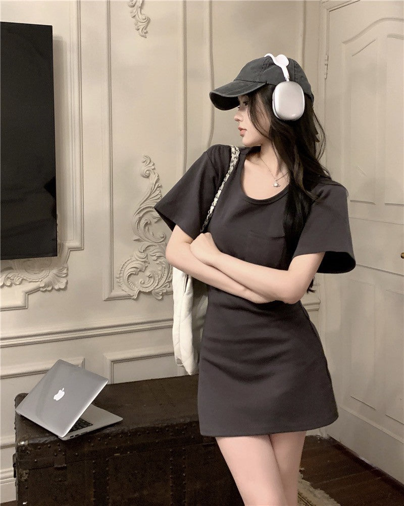 Na+ 鬆弛感收腰口袋T shirt裙 深灰