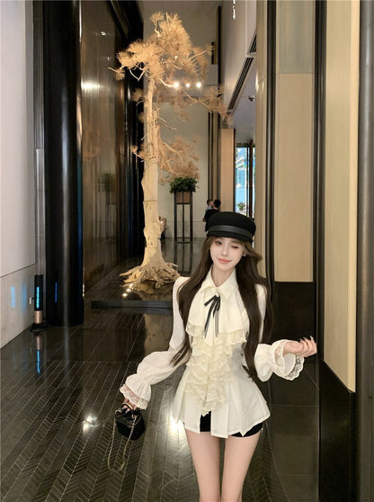 NA+ 法式女爵 宮廷蕾絲荷葉收腰襯衫