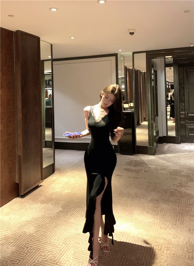 Na+ 復古貓女性感蕾絲開叉連身裙 黑