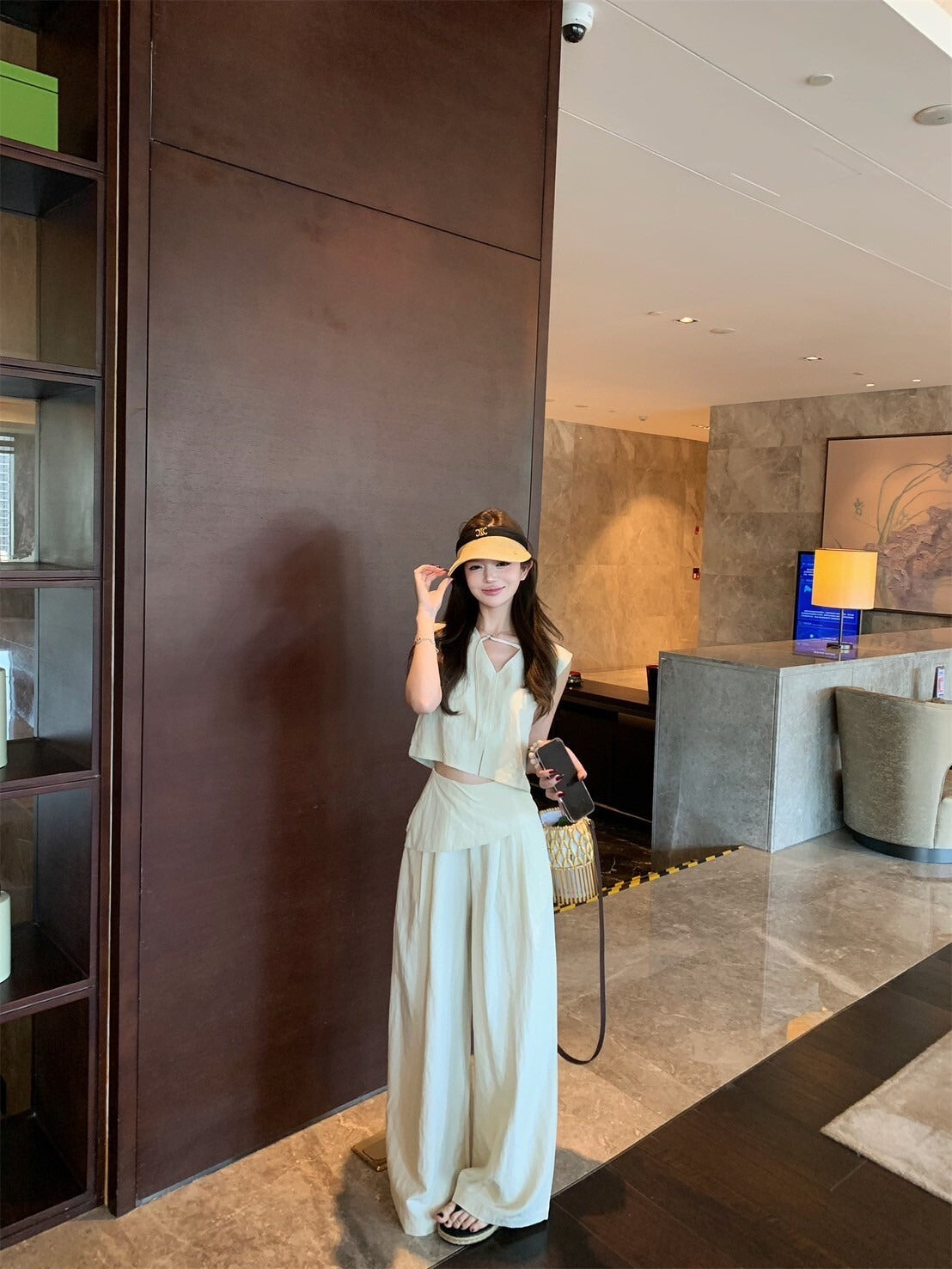 NA+ 本期主打 慵懶雙面穿上衣/不規則修身休閒褲 米杏/藍