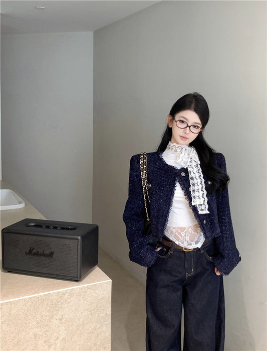 NA+ 甜姐高級搭小香藏青粗呢外套 高腰闊腿褲