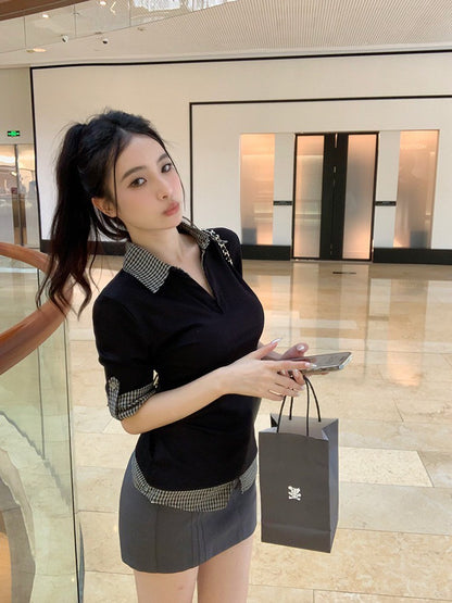 ''Na+''知性乖乖牌 polo拼色假兩件式簡約上衣