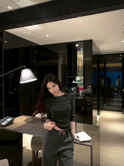 ''Na+''低調氛圍 5分袖修身針織上衣 灰/黑 中腰休閒褲