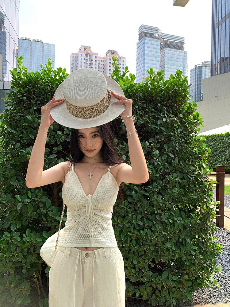 NA+ 華夫格鬆餅帶胸墊度假休閒背心 白 亞麻涼爽呼吸休閒褲