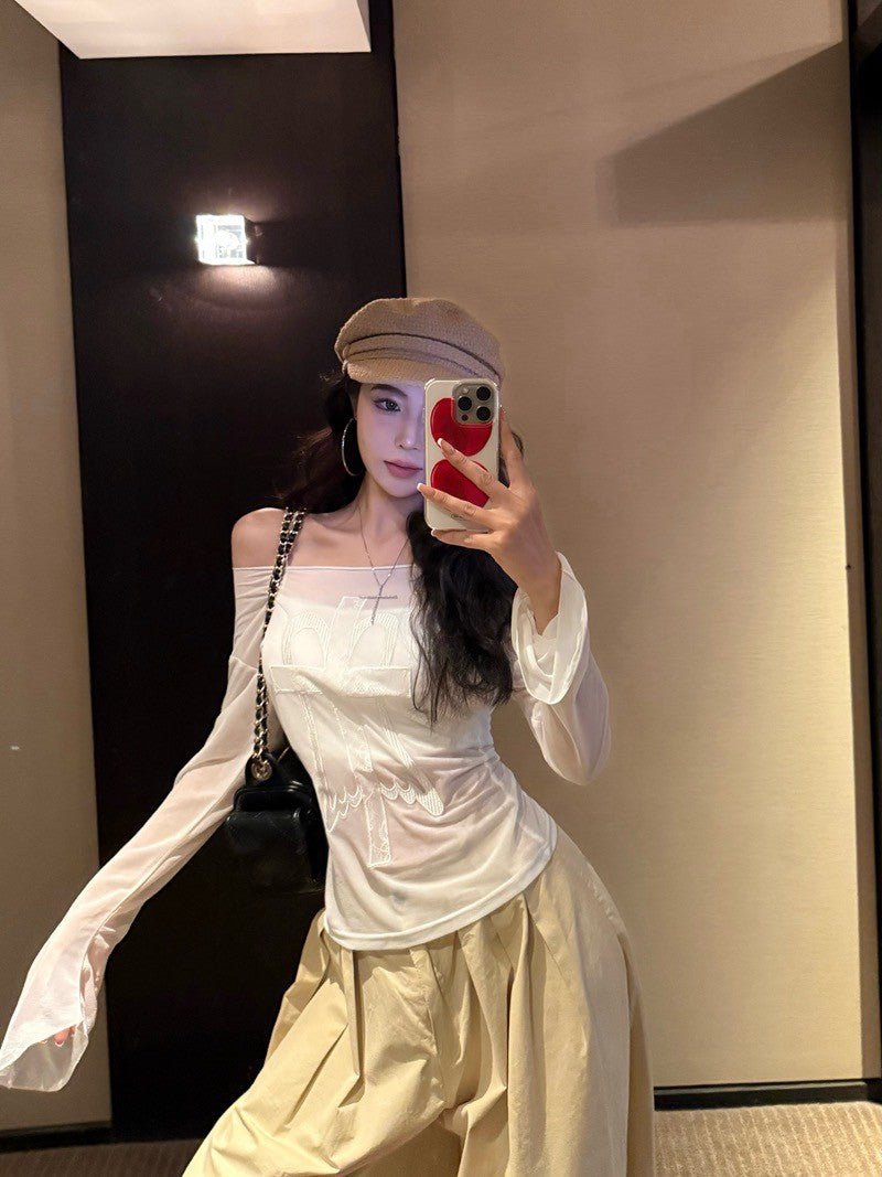 NA+ 最愛疊穿透紗棉刺繡花上衣 白