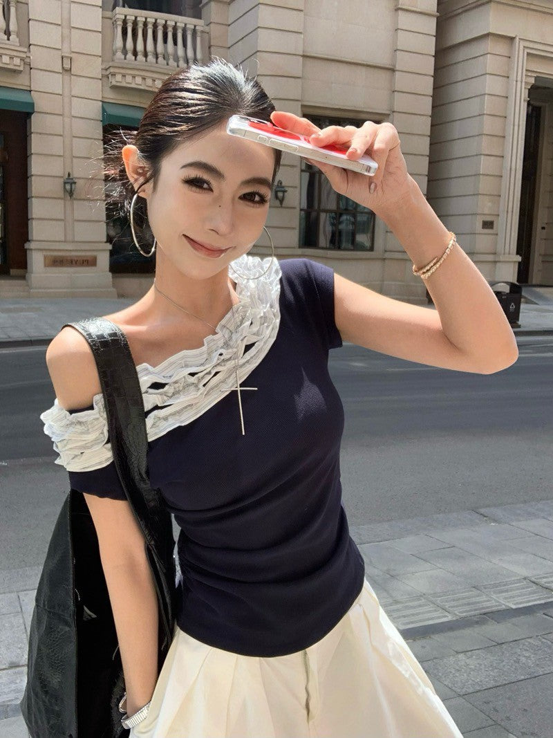 NA+ 簡約斜肩立體花邊拼接上衣 白/藏青