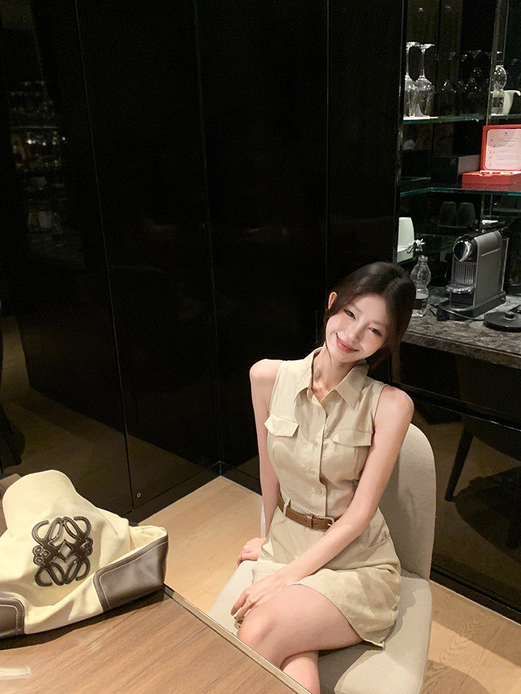 ''Na+''復古回潮 日常通勤polo領排扣連身裙 卡其