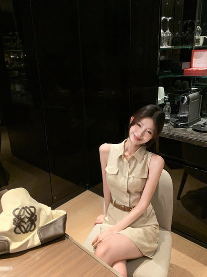 ''Na+''復古回潮 日常通勤polo領排扣連身裙 卡其