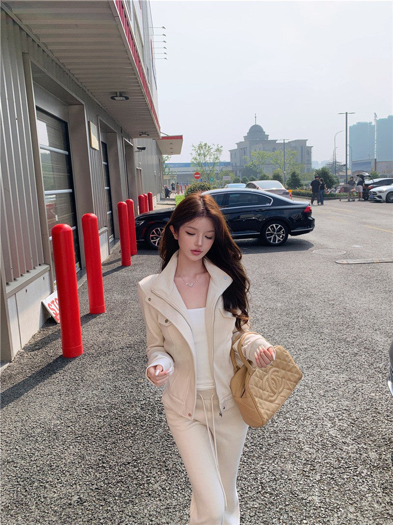 NA+ 巨瘦韓系搭收腰立領外套 微喇叭抽繩休閒褲 米