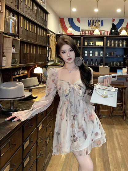 Na+ 甜美法式方領顯瘦碎花連衣裙 杏 兩款長度