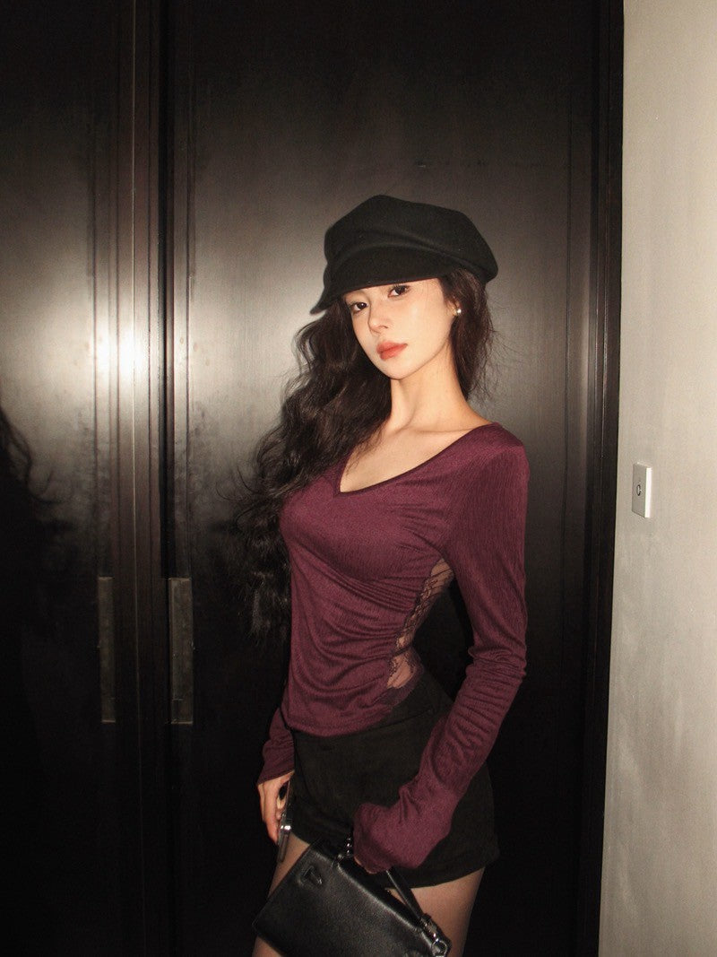 Na+ 性感美背蕾絲棉設計感上衣 紫