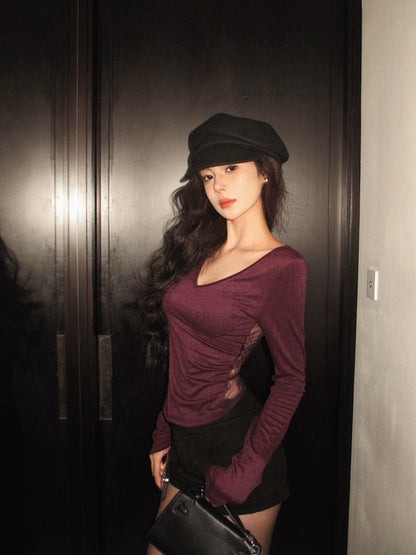 Na+ 性感美背蕾絲棉設計感上衣 紫