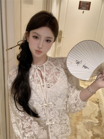 NA+ 手工立體蝴蝶花盤扣襯衫（附背心）中式印花半身裙