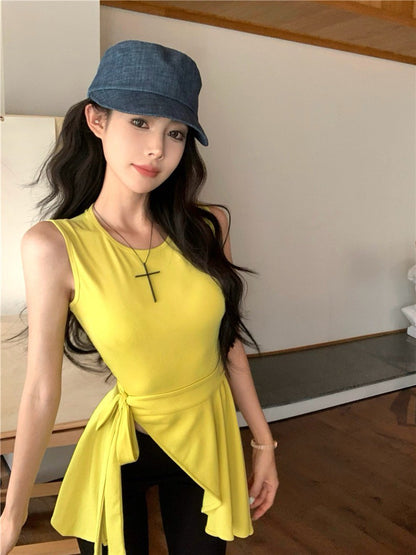 Na+ 氣質名媛簡約圓領純色收腰無袖上衣 粉/黃/黑