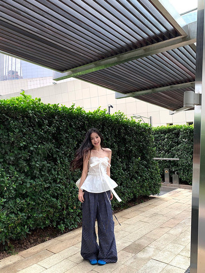 NA+ 甜辣蝴蝶機綁帶收腰抹胸 格紋鬆緊休閒褲