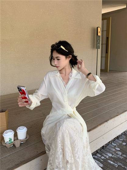 NA+ 韓女氣質蕾絲襯衫/重工蕾絲半身裙