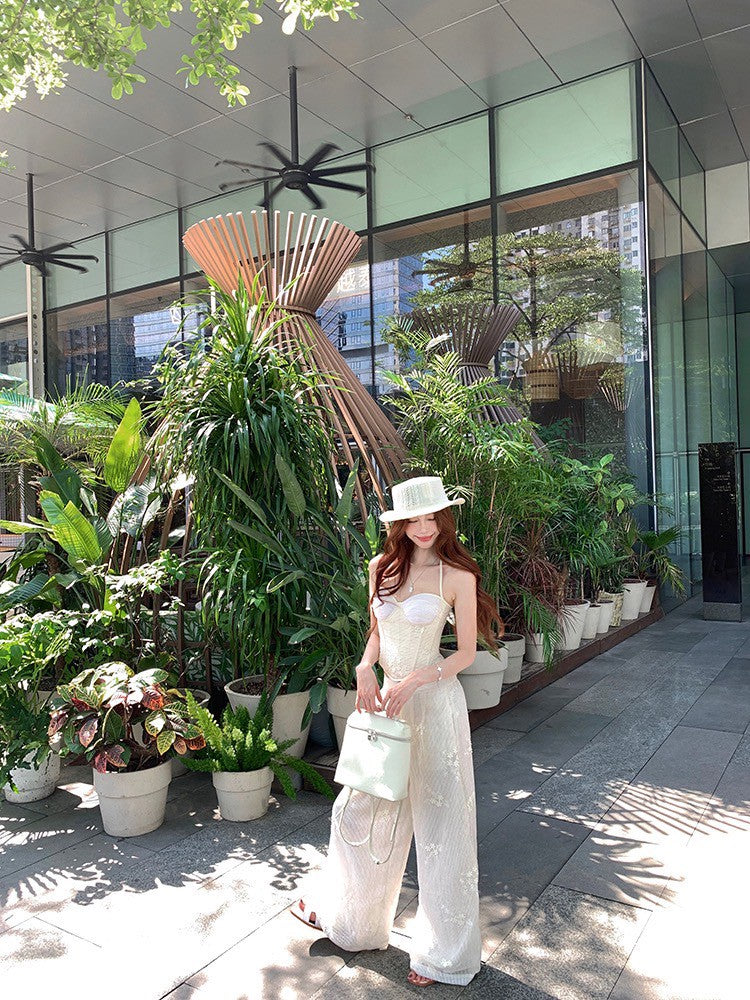 NA+ 一抹清香冷茶抹胸 刺繡闊腿褲