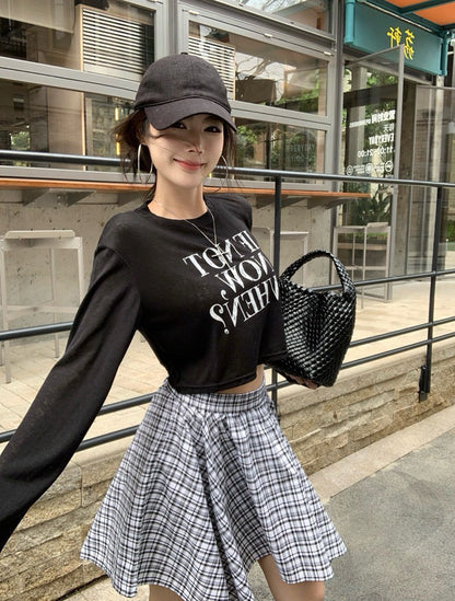 NA+ 百搭休閒空調雪花棉上衣 白/黑 不規則格紋半身裙 黑