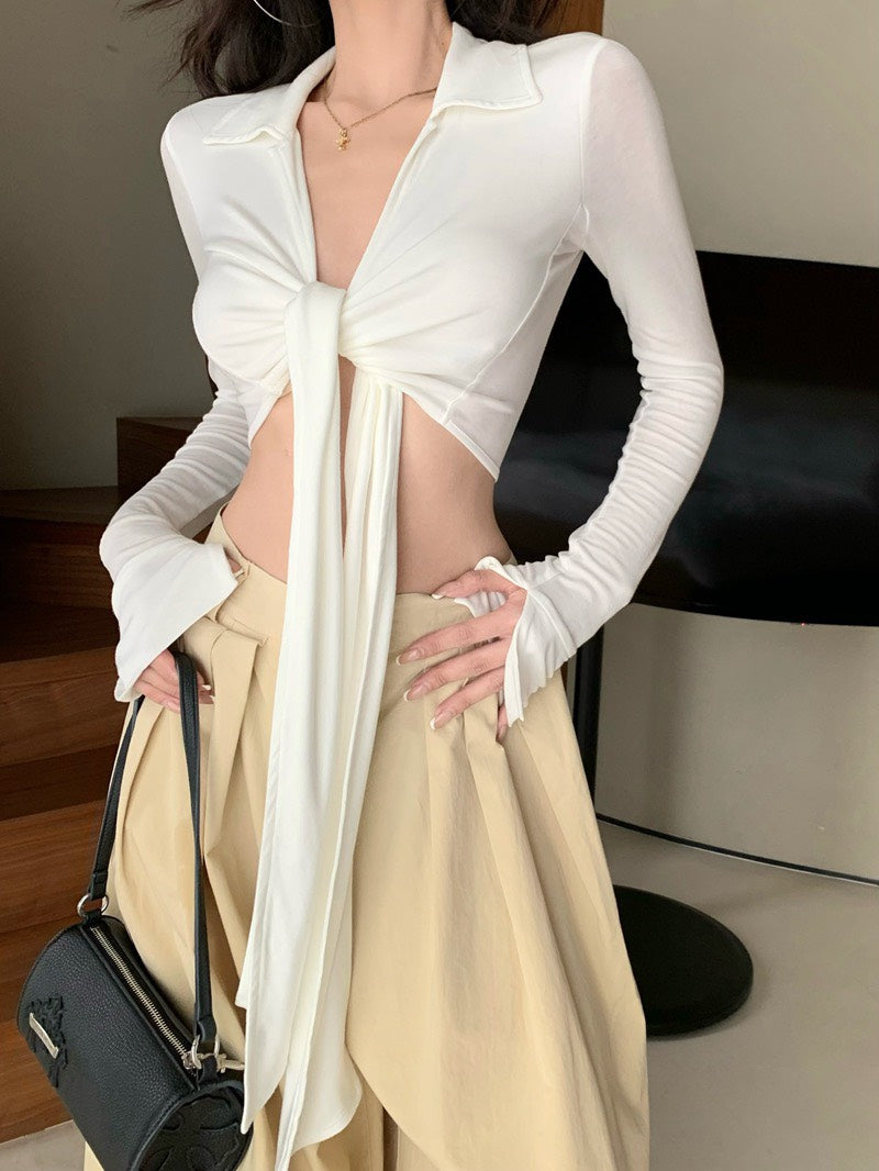 NA+ 性感辣妹polo領短款綁帶上衣 米