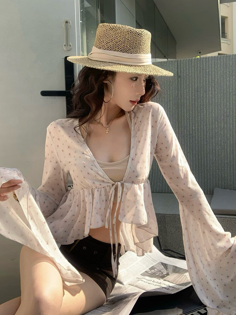 NA+ 花紗雪紡渡假休閒高腰綁帶罩衫