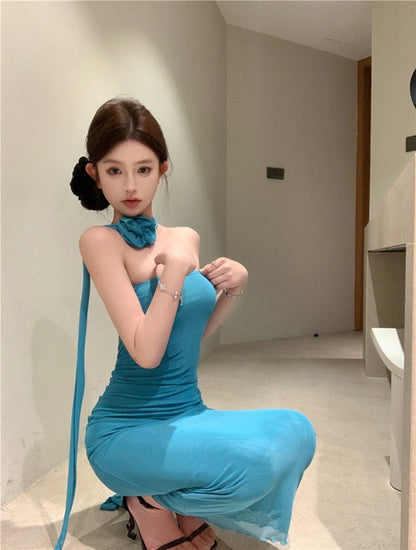 NA+ 復古女神裙飄繩立體花帶抹胸連身裙