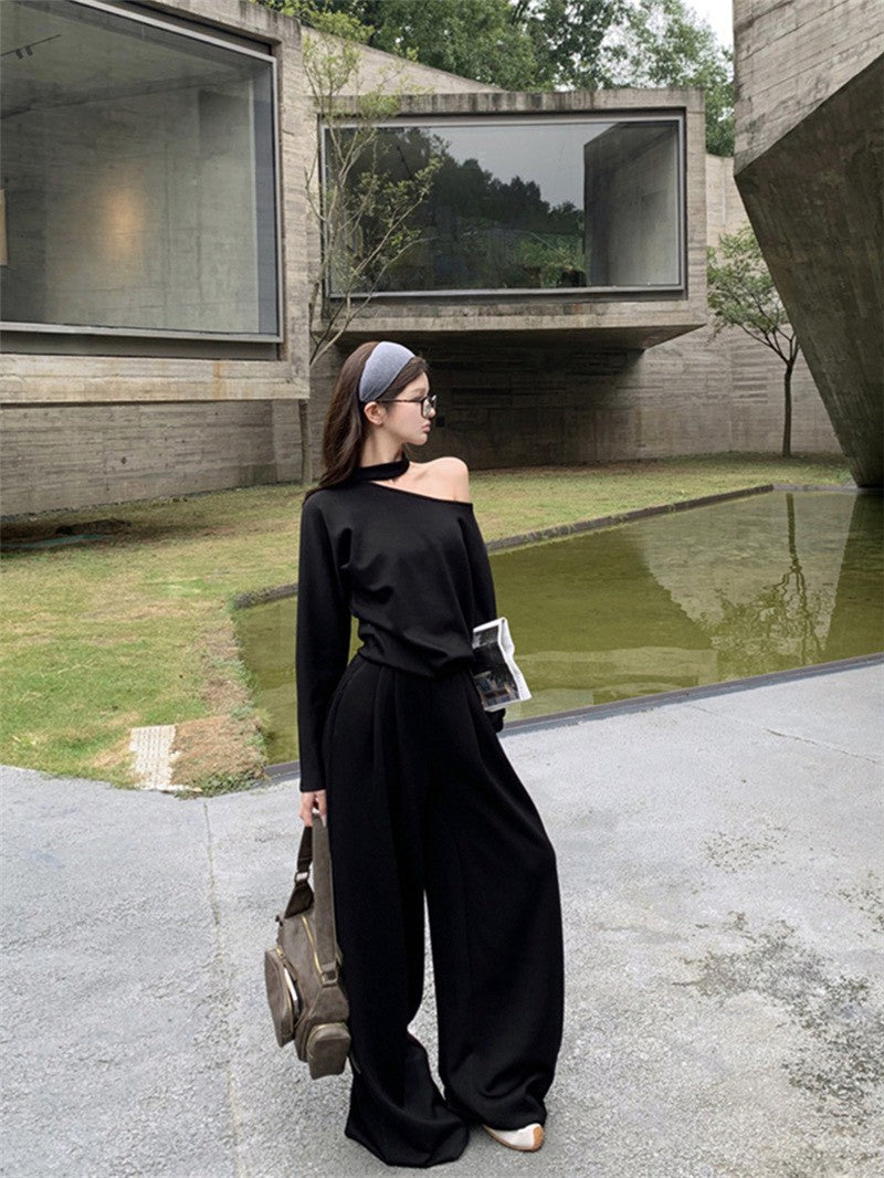 NA+ 美式鬆弛 不規則露肩衛衣 休閒褲 黑