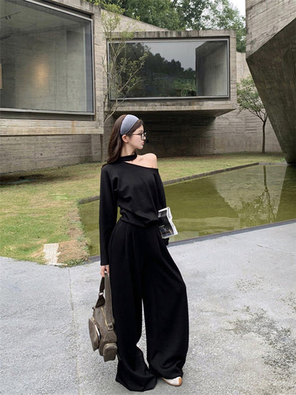 NA+ 美式鬆弛 不規則露肩衛衣 休閒褲 黑
