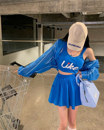 NA+ 美式辣妹寶藍背心套裝 防曬條紋罩衫