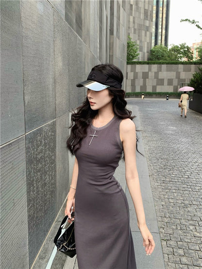NA+ 舒適通勤歐美收腰美背連身裙 灰