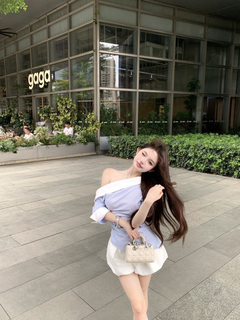 NA+ 通勤斜肩拼色條紋襯衫 白色花苞褲