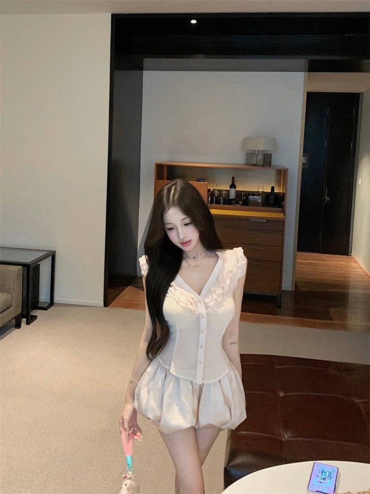 NA+ 中古情話荷葉邊襯衫花苞短褲套裝