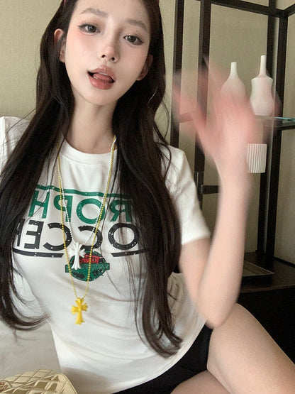 ''Na+''美式玩家 正肩後背縷空印花上衣 白/灰