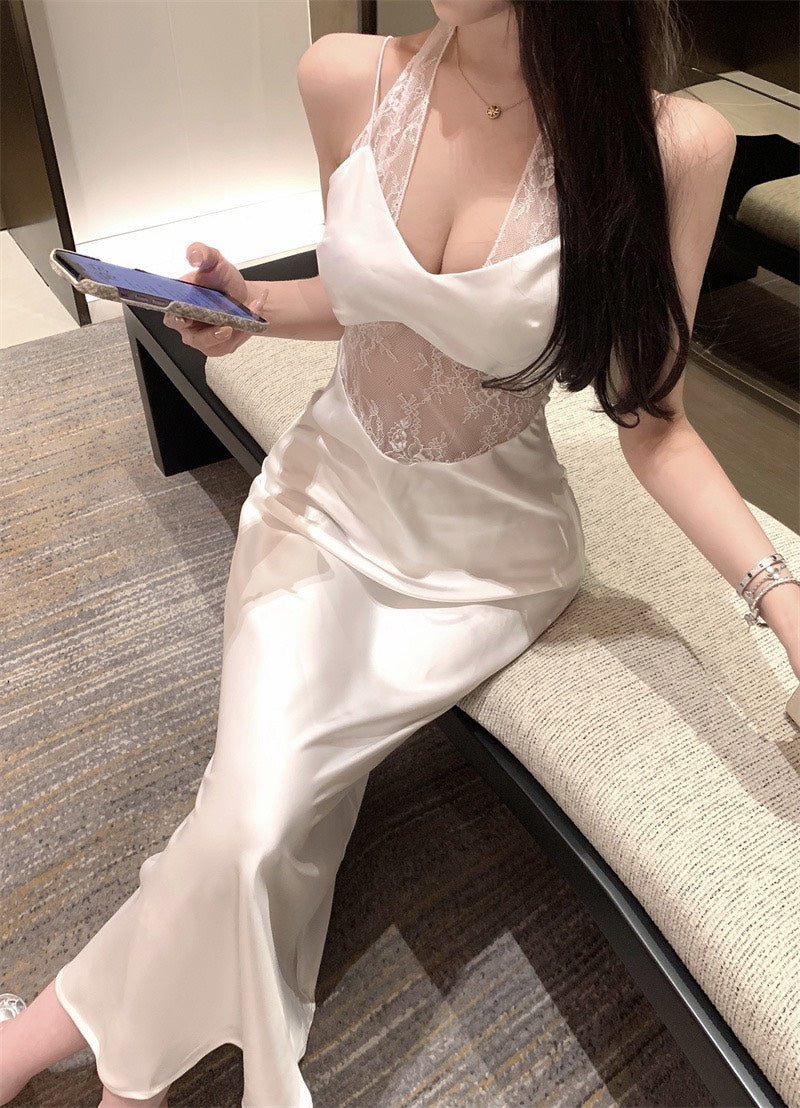 NA+ 蕾絲純欲女神 性感縷空醋酸裙 白