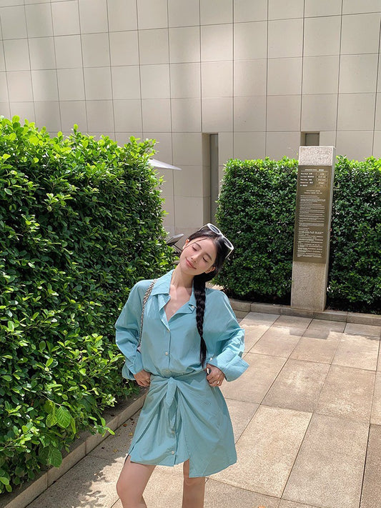 ''Na+''韓系糖果衫 法式綁帶收腰襯衫裙 薄荷藍