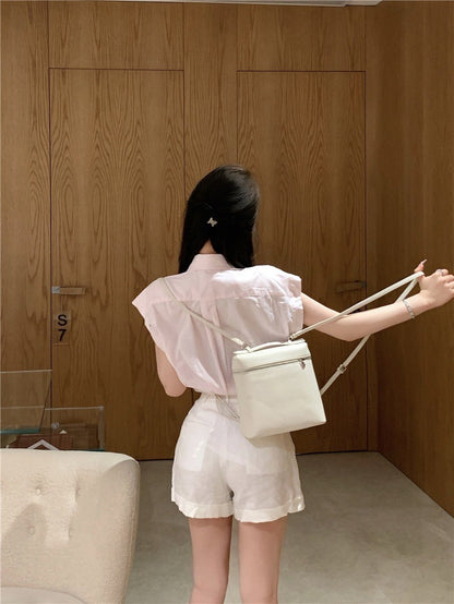 Na+ 簡約鬆弛感小飛袖襯衫 粉 高腰反折白短褲