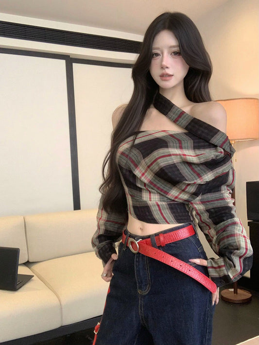 NA+ 復古格紋多穿法斜肩上衣 顯白黑格